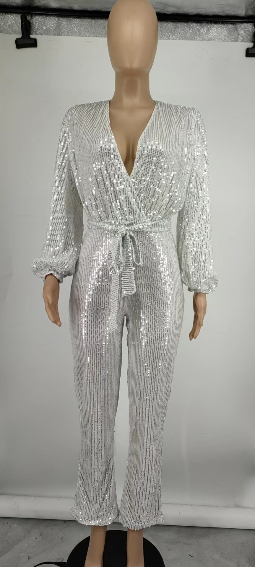 Deep V-Neck Long Sleeve Belted Sequin Jumpsuit