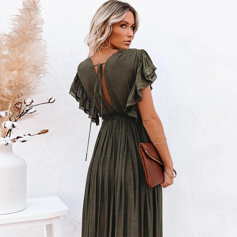Deep V Neck Button Down Draw String Maxi Dress