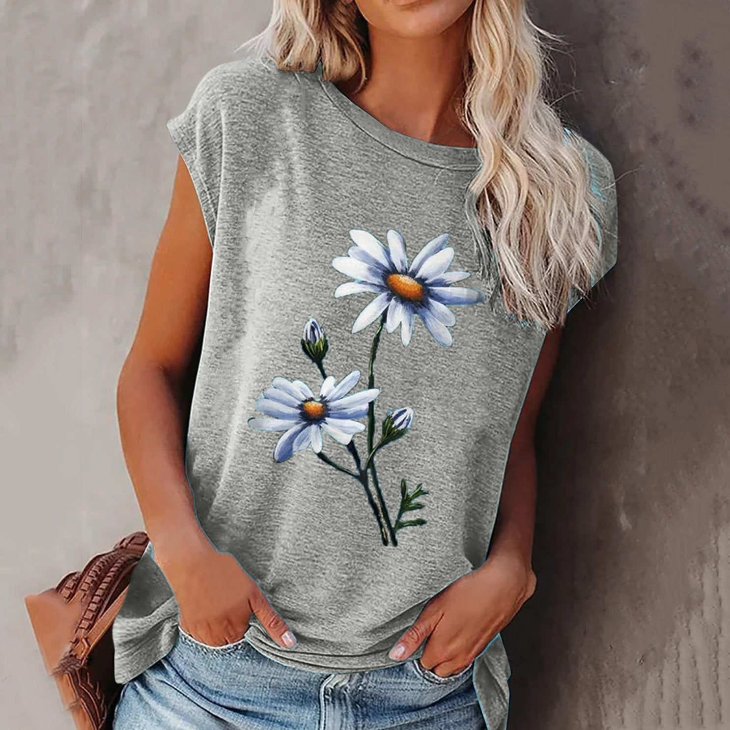 Round Neck Cap Sleeve Floral Printed Tank Top
