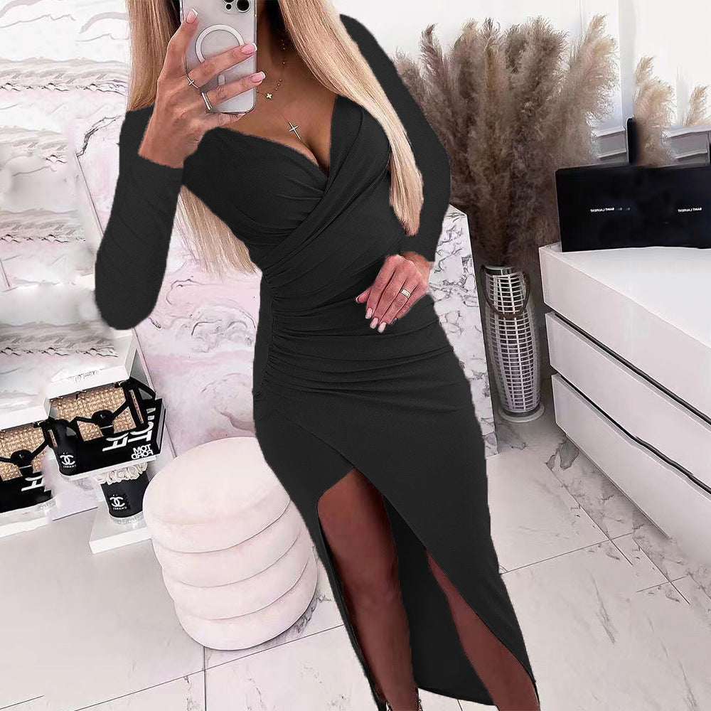 Cross V Neck Long Sleeve Side Split Bodycon Maxi Dress