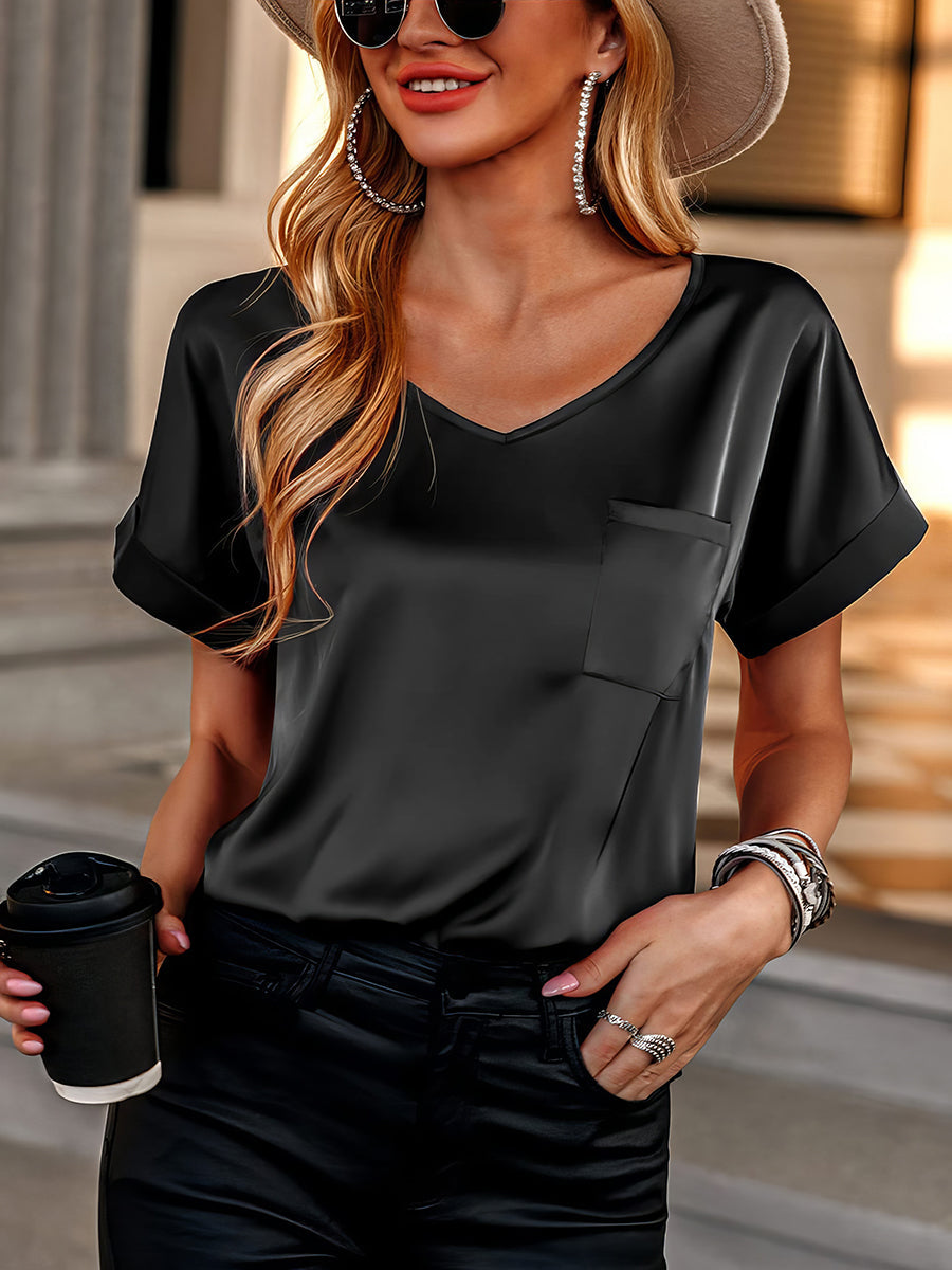 Women's T-Shirts V Neck Pocket Rolled Short Sleeve Loose Casual T-Shirt