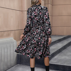 Women's Dresses Printed V-Neck Lace Long Sleeve Dress