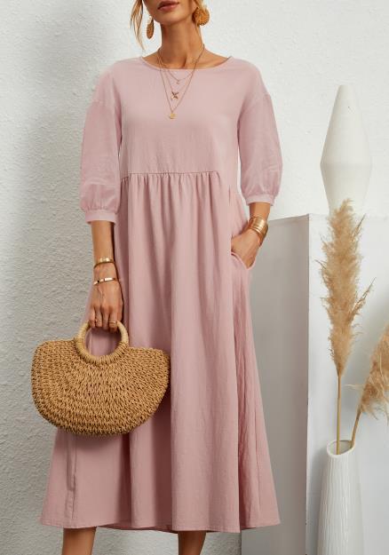 Casual 3/4 Sleeve Round Neck Pleated Maxi Dress