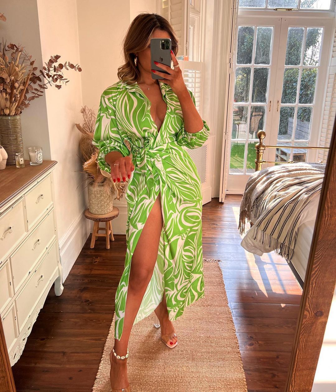 Casual Deep V Neck Long Sleeve SIde Split Maxi Dress