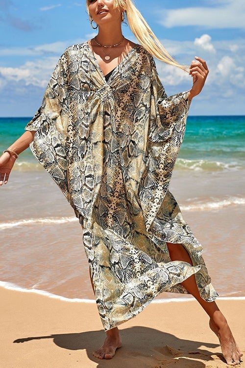 Print V Neck Bat Maxi Dress
