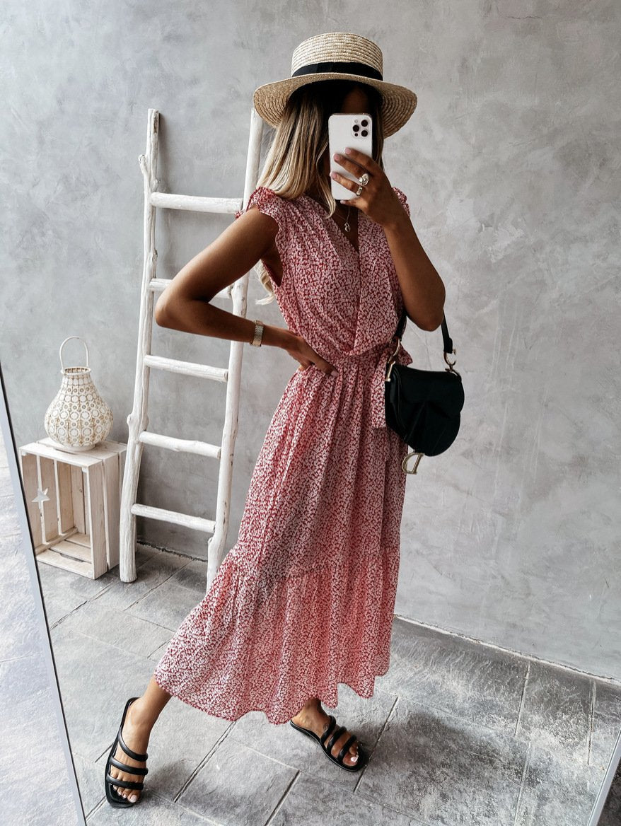 Cross V Neck Cap Sleeve Polka Dot Maxi Dress
