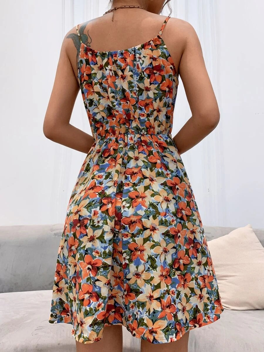 Sleeveless Spaghetti Strap Printed Flared Mini Dress