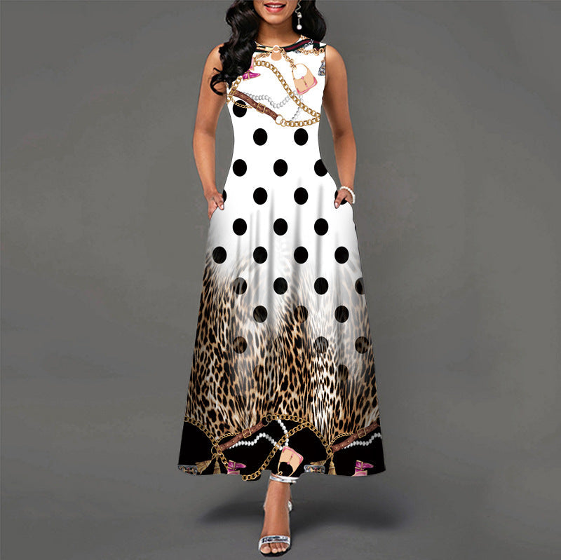 Sleeveless Flower Print Pleated Flared Round Neck Maxi Dress
