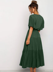 V Neck Tie Waist Short Sleeve Maxi Dress