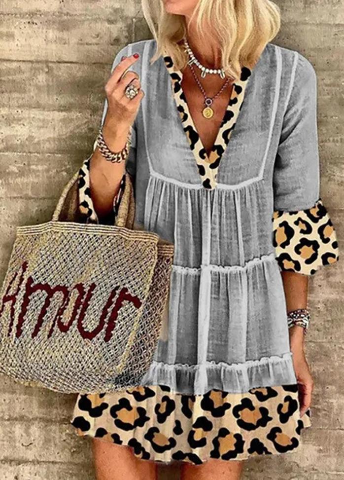 Leopard Patchwork V Neck Casual Dress