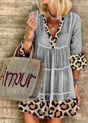 Leopard Patchwork V Neck Casual Dress