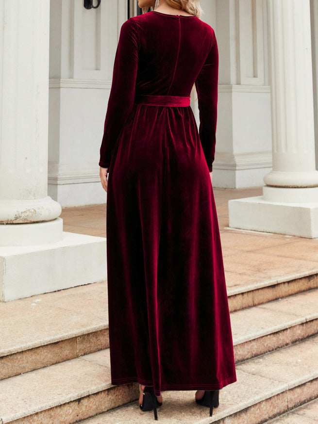Women's Dresses Solid Gold Velvet Tie-Up Long Sleeve Dress