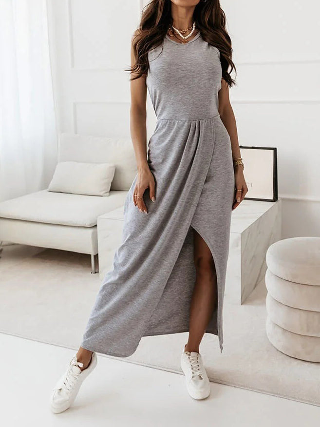 Casual Sleeveless O-Neck Front Slit Maxi Dress