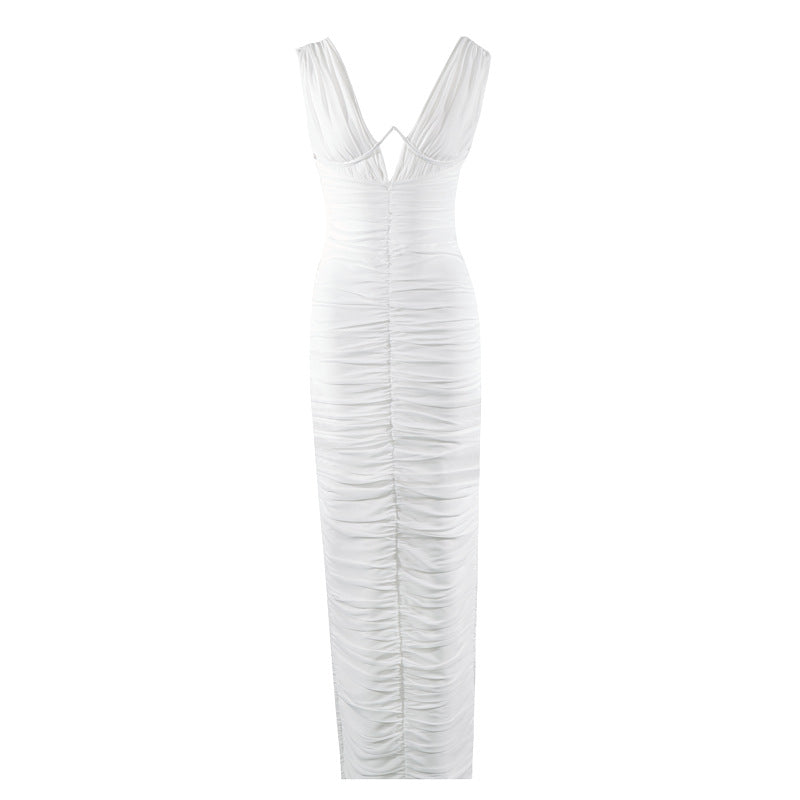 Sexy Slight Stretch Pure Color Deep V Underwire Backless Ruched Maxi Dress