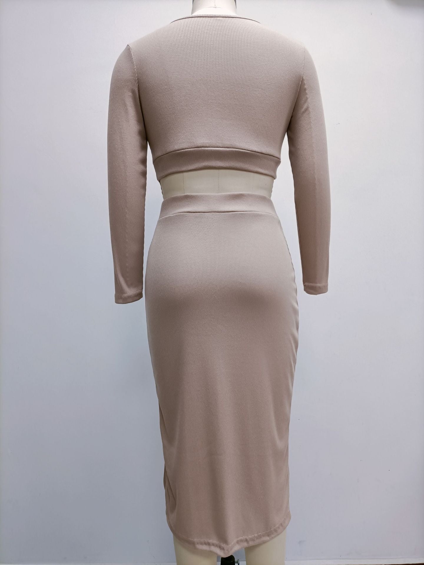 Two Piece Set Long Sleeve Fitted Crop Top and Side Slit Midi Skirt