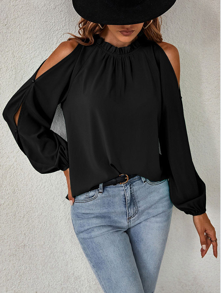 Loose Round Neck Solid Color Cold Shoulder Blouse Top