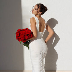 Sexy Slight Stretch Pure Color Deep V Underwire Backless Ruched Maxi Dress