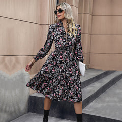 Women's Dresses Printed V-Neck Lace Long Sleeve Dress