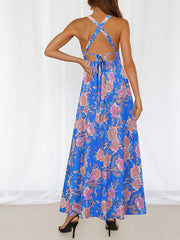 Halter Neck Cross Back SleevelessFloral Maxi Dress