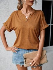 Women's T-Shirts Casual V Neck Button Loose Solid Color T-Shirt