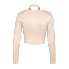 Cut Out Long Sleeve Cross Turtleneck Bodycon Solid Crop Top