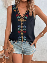 Tops Ethnic Style V Neck Embroidery Stitching Hem Tank Top