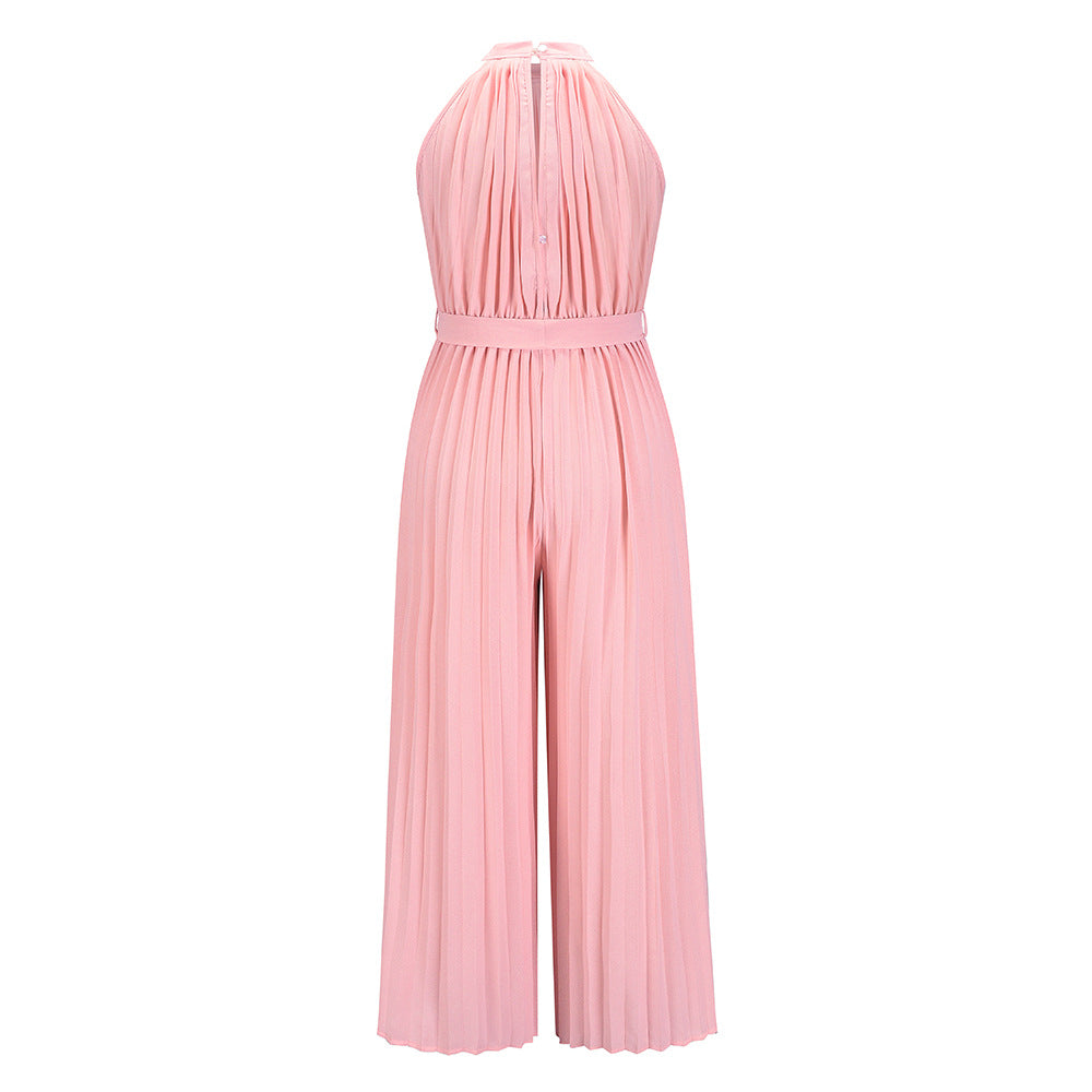 Halter Neck Sleeveless Waist Tie Wide Leg Jumpsuit