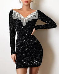 Off Shoulder Long Sleeve Bodycon Sequins Mini Dress