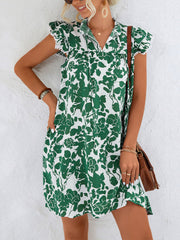 Women's Dresses V Neck Tie Ruffle Sleeve Printed Mini Dress