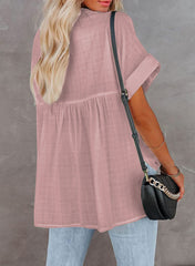 Button Up V Neck Short Sleeve Oversize Blouse Top