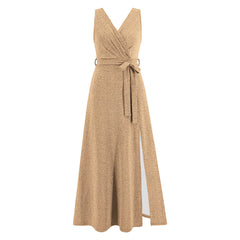 V-Neck Sleeveless Solid Color High Slit Belted Maxi Dress