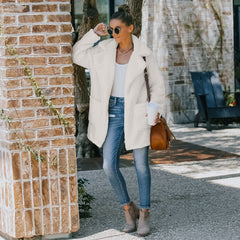 Lapel Collar Front Pocket Faux Shearling Shaggy Jacket Coat