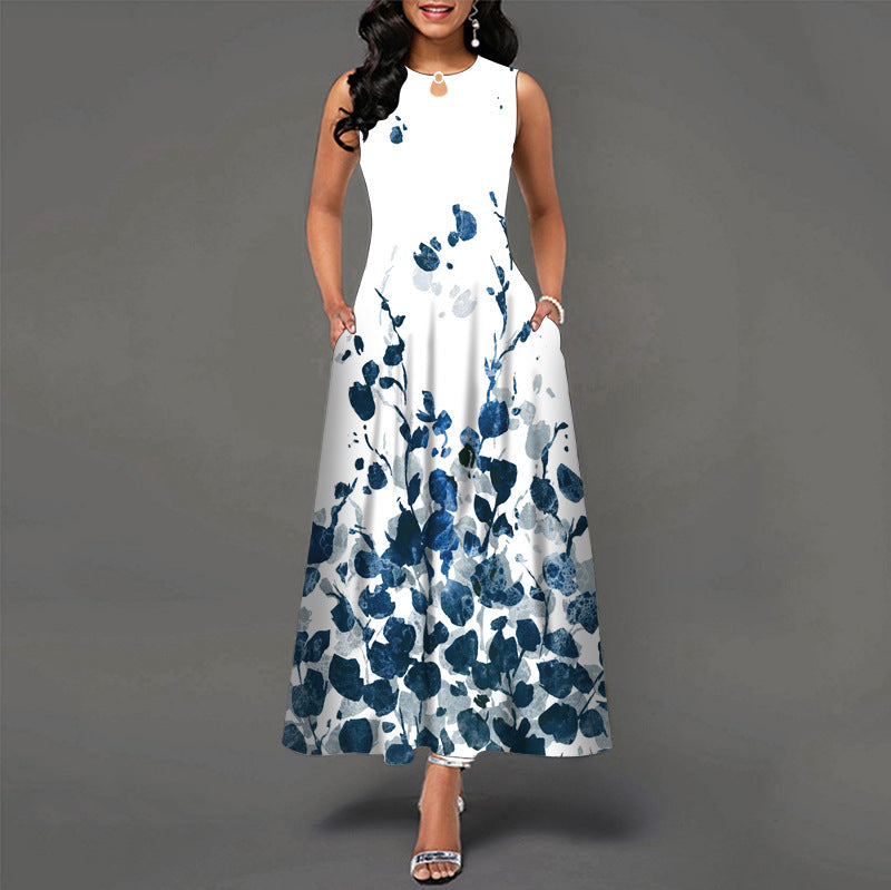 Sleeveless Flower Print Pleated Flared Round Neck Maxi Dress