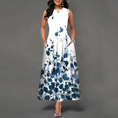 Sleeveless Flower Print Pleated Flared Round Neck Maxi Dress