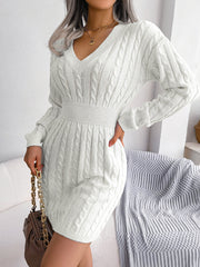 Long Sleeve V-Neck Knitted Solid Mini Dress