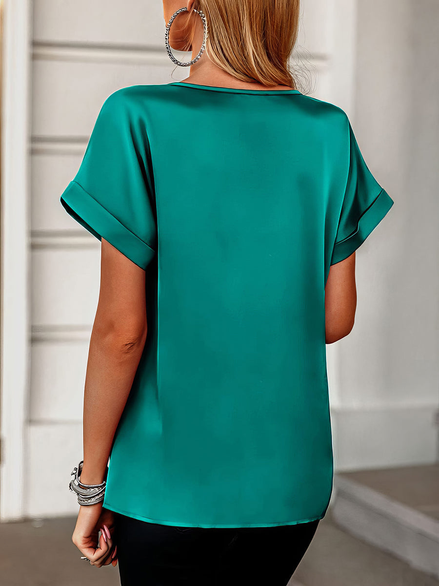 Women's T-Shirts V Neck Pocket Rolled Short Sleeve Loose Casual T-Shirt