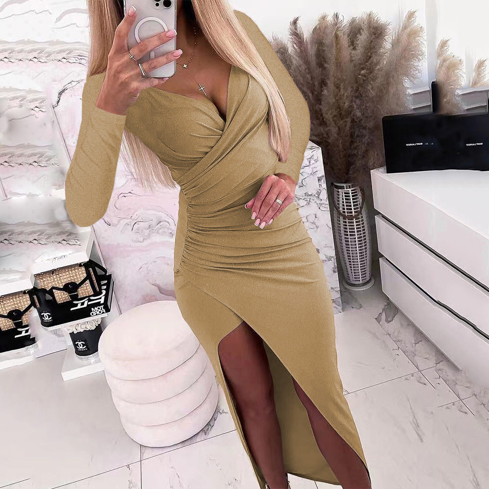 Cross V Neck Long Sleeve Side Split Bodycon Maxi Dress
