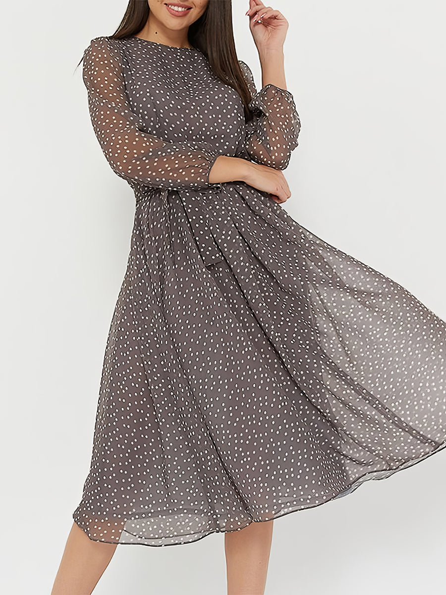 Women's Dresses Retro Chiffon Round Neck Polka Dot Long Sleeve Midi Dress