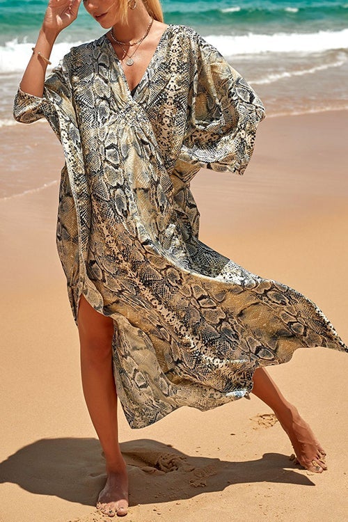 Print V Neck Bat Maxi Dress