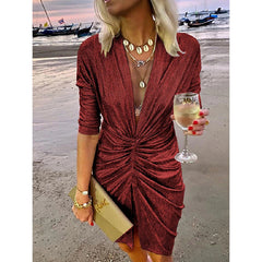 Deep V-Neck Long Sleeve Pleated Solid Mini Dress
