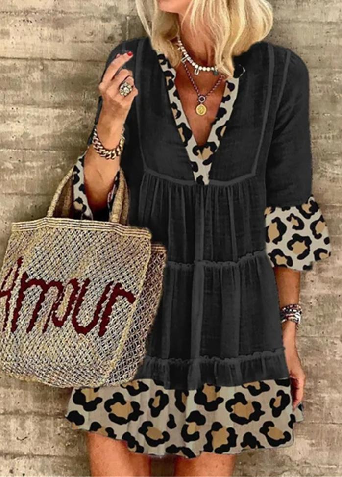 Leopard Patchwork V Neck Casual Dress