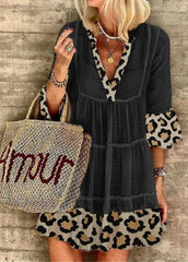 Leopard Patchwork V Neck Casual Dress
