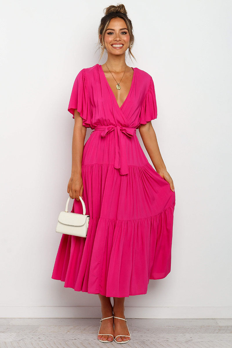 V Neck Tie Waist Short Sleeve Maxi Dress