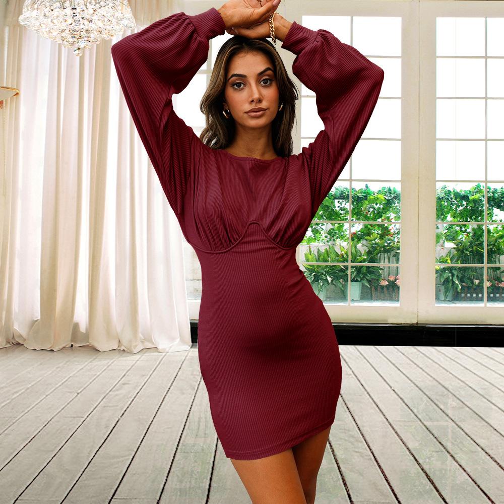 Round Neck Long Sleeve Bodycon Mini Dress