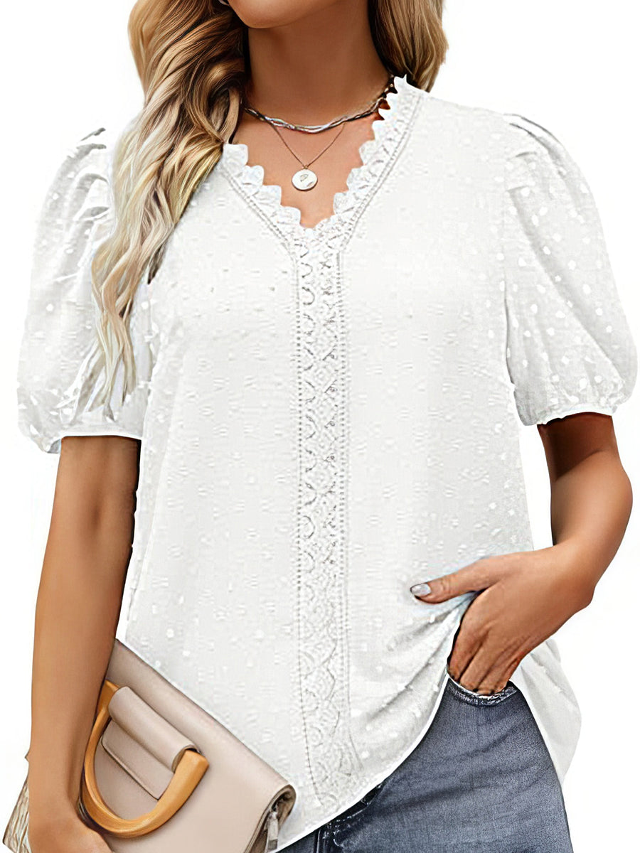 Women's T-Shirts Lace Bubble Short Sleeve V Neck T-Shirt