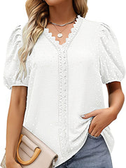 Women's T-Shirts Lace Bubble Short Sleeve V Neck T-Shirt