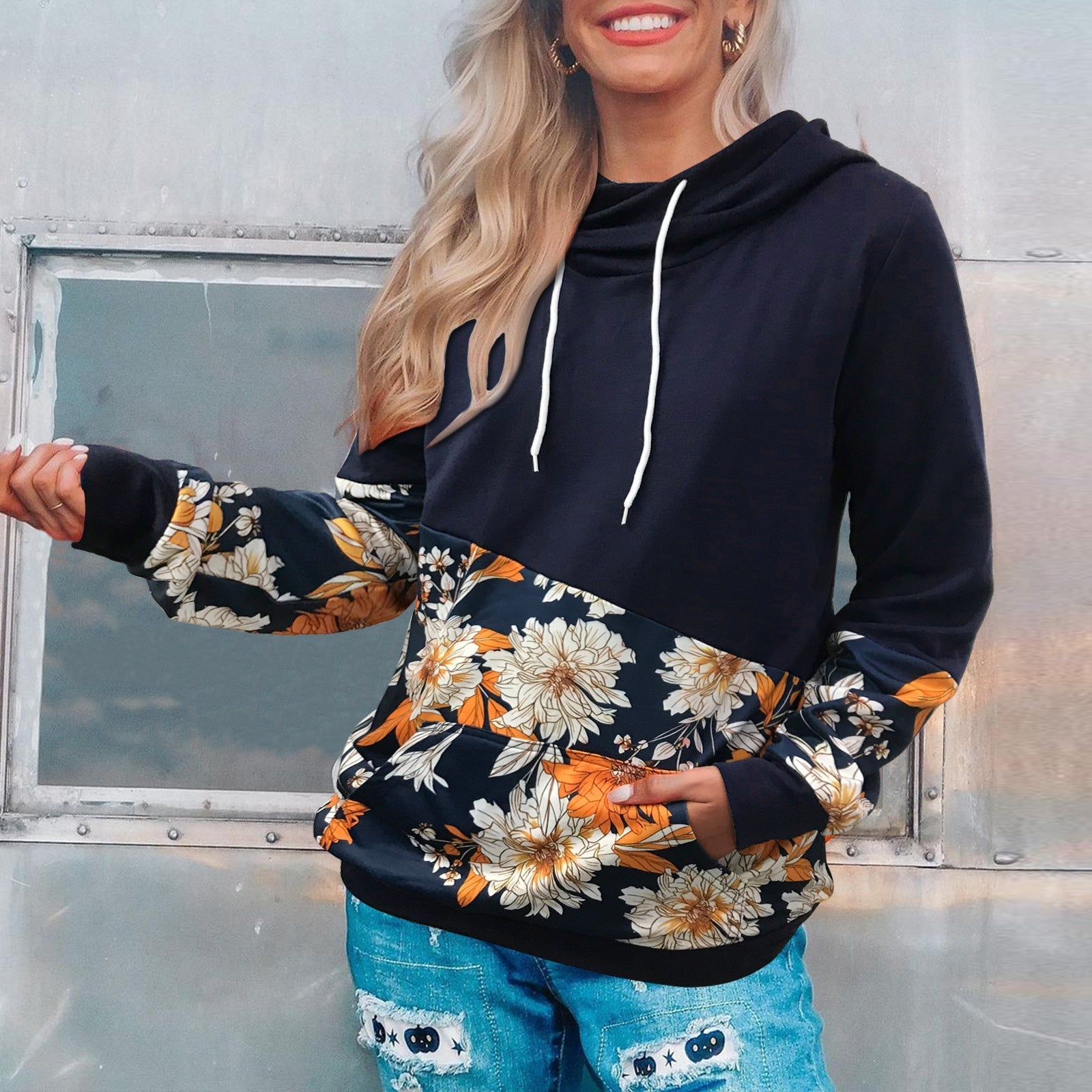 O-Neck Long Sleeve Floral Print Drawstring Sweatshirt