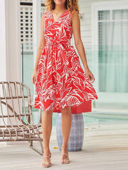 Sleeveless V Neck Tie Waist Floral Tank Midi Dress