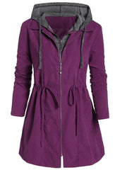 Fashion Drawstring Zipper Long Sleeve Solid Hooded Jacket