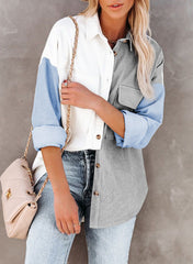 Drop Down Collar Long Sleeve Colorblock Shirt